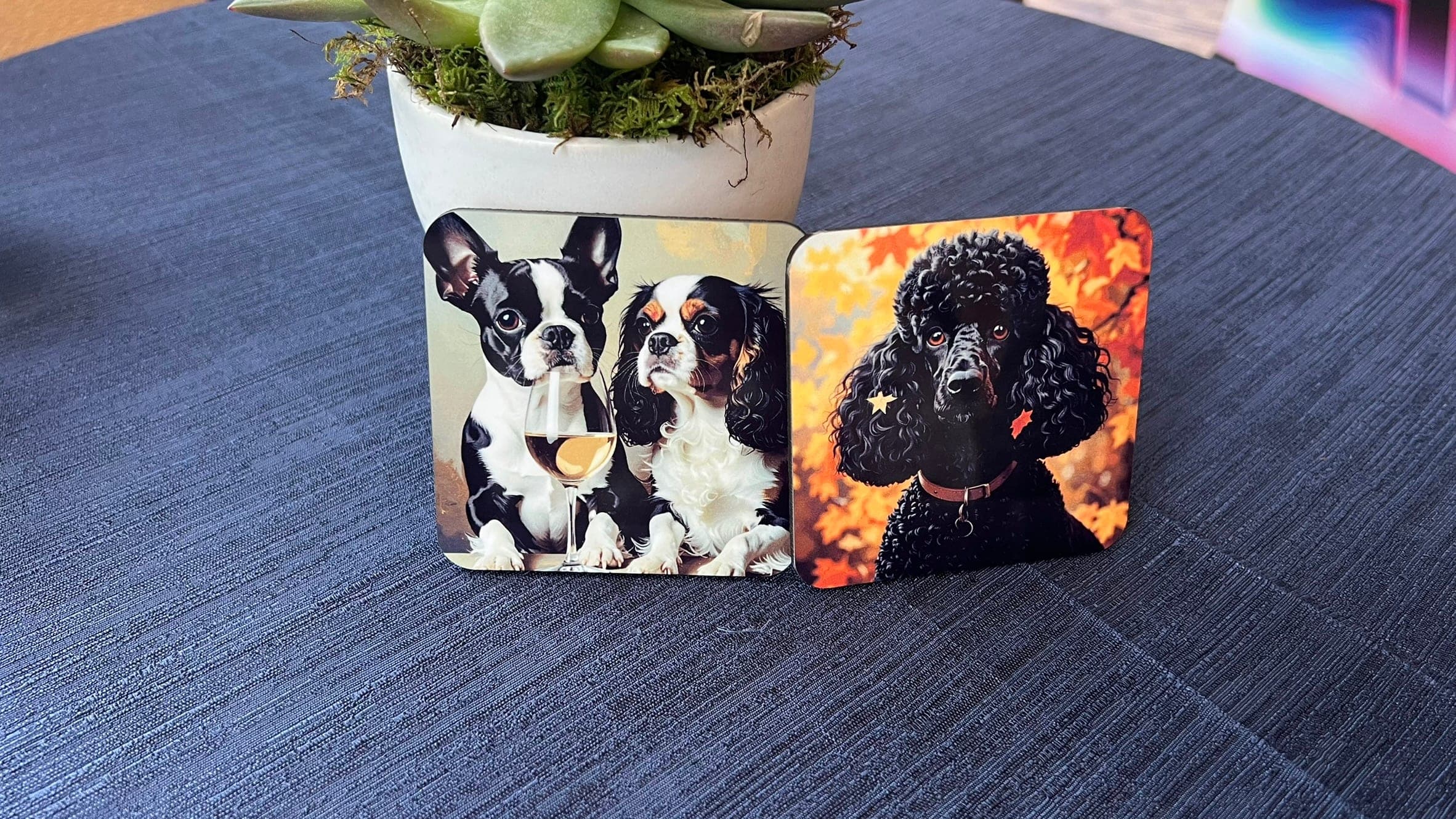 Custom printed giveaway pieces displayed on an event table